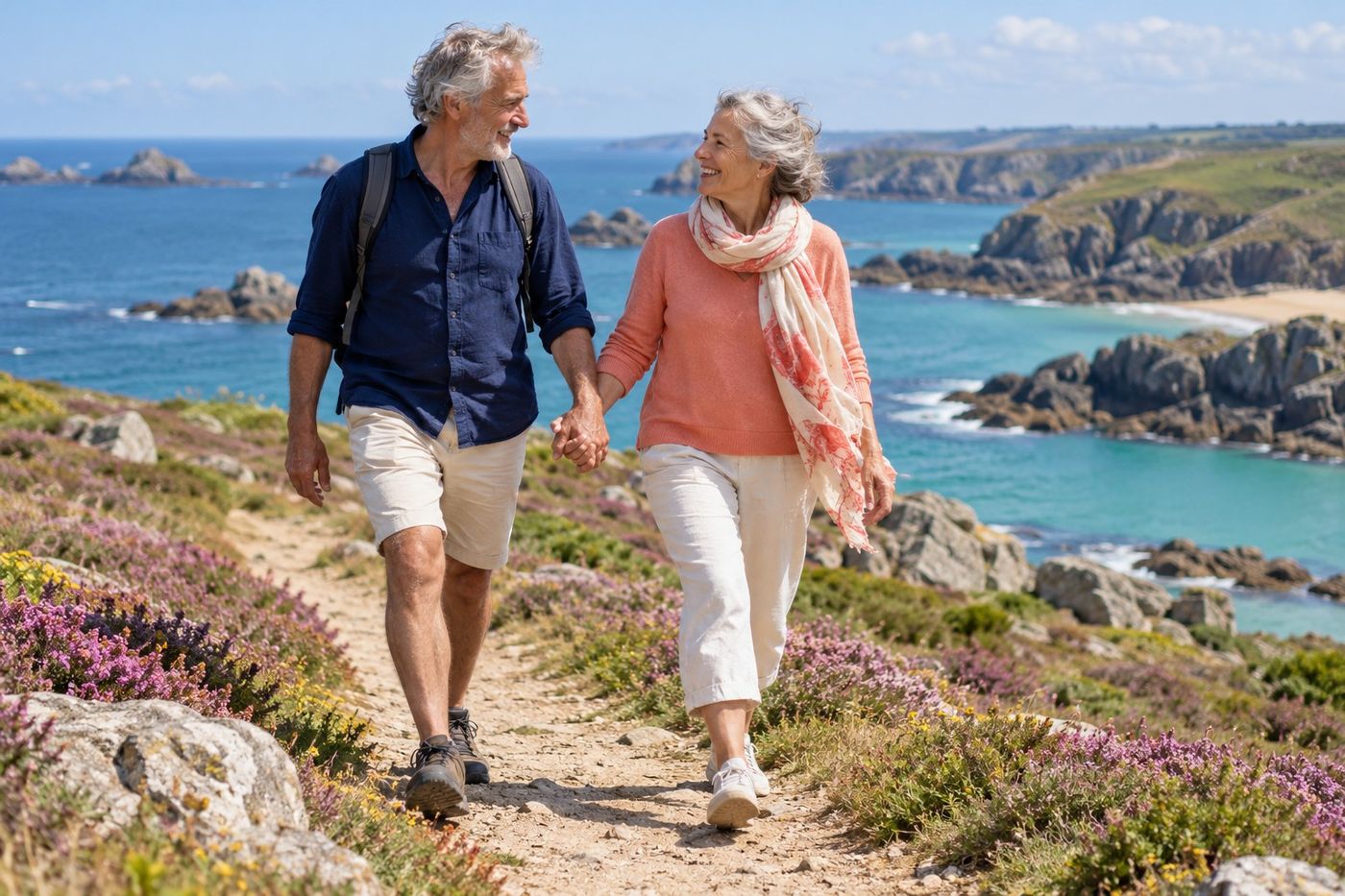 Un couple se promène main dans la main sur un sentier côtier breton